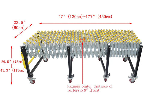 Flexible Portable Conveyor Featuring Abs Rollers Adjustable 47 To 177 Inch Telescopic Gravity Belt with detailed dimensions shown.