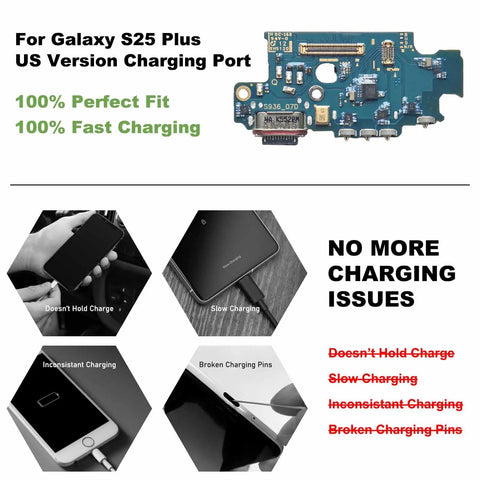 No Sweat Charging Port Dock Board Replacement Kit For Galaxy S25 Plus US Variants close-up of dock board circuit for fast charging.