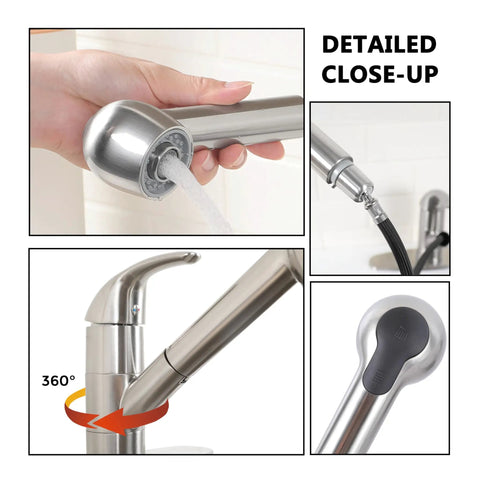 Close-up of Brushed Nickel RV Kitchen Faucet With Pull Out Sprayer And 360 Degree Swivel Single Lever One Hole Installation.