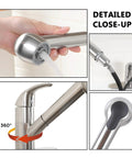 Close-up view of Slick Pullout Kitchen Faucet With Brushed Nickel Stainless Steel Single Handle Compact Design and Dual Spray Modes.