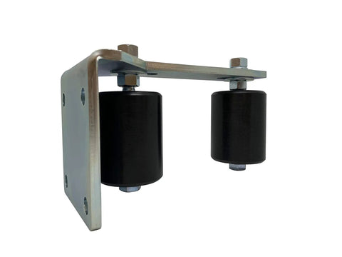Slide Gate Guide Post Rollers 3 Inch Black L Bracket Rear Mount With Dual Hard Nylon Rollers, Built Tough Heavy Duty Steel Gate Guider Support Assembly For Sliding Rolling Gates Made In The USA, side view
