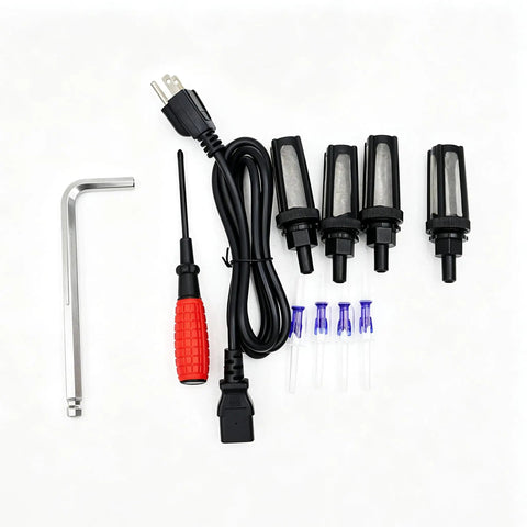 Heavy Duty Automatic Desktop Liquid Filler Quad Head Magnetic Pump accessories including nozzles, cables, and tools.
