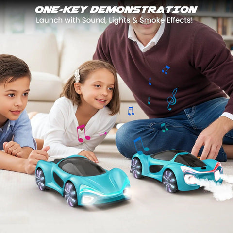 Children playing with Gesture Sensing Remote Control Car With Charging Dock 360 Degree Rotation Drift RC Stunt Toy 40 Minute Playtime Dual Control Spray Mist And LED Lights Dope Birthday Gift For Kids Boys And Girls Blue, featuring mist and LED effects, on indoor floor.