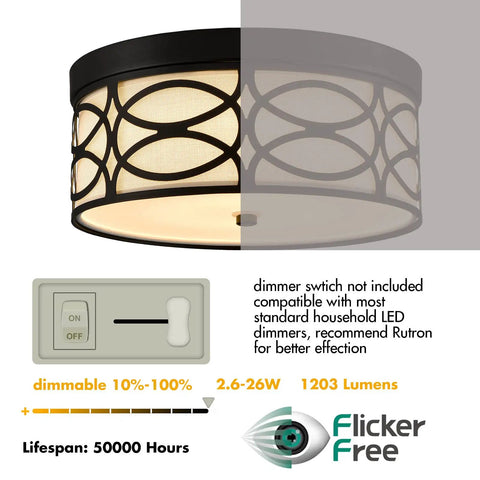 Drum Flush Mount LED Ceiling Light Dimmable Fixture With 3000 4000 5000K Adjustable Color Temperature Black Round Ceiling Lamp With Linen Shade For Bedroom Living Room Hallway, featuring dimmable switch, flicker-free technology, 1203 lumens, 50000 hours lifespan.