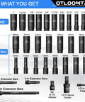 Heavy Duty 32 Piece One Half Inch Drive Impact Socket Set With Deep Sockets Metric And SAE With Extension Bar Cr V Steel Rust Resistant Coating Pro Grade Tough Build And Premium Storage Case, showing SAE and Metric sizes with extension bars and adapters.