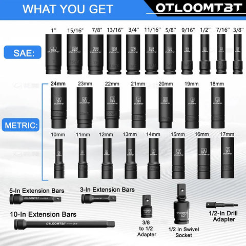 Heavy Duty 32 Piece One Half Inch Drive Impact Socket Set With Deep Sockets Metric And SAE With Extension Bar Cr V Steel Rust Resistant Coating Pro Grade Tough Build And Premium Storage Case, showing SAE and Metric sizes with extension bars and adapters.