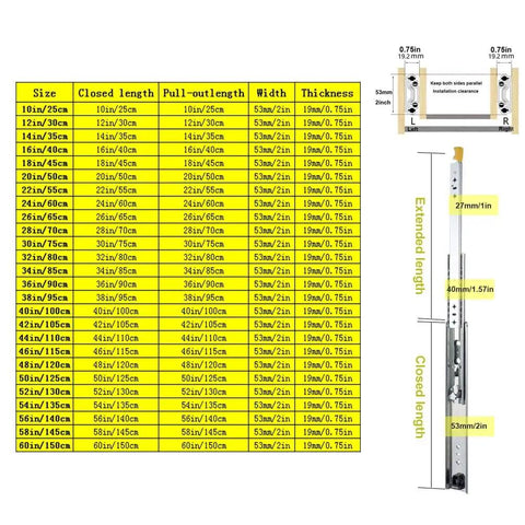 Size chart and diagram for Heavy Duty Locking Drawer Slides 48 Inch Full Extension 1 Pair With Metal Ball Bearing