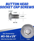 Button Head Socket Cap Screws 2-56 By One Eighth Inch Stainless Steel 18-8 100 Pack Full Thread Bright Finish Corrosion Resistant With Allen Socket Drive For Furniture, Motorcycles, And General Hardware Projects