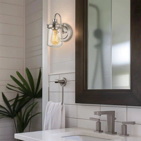 Mason 10 Inch Modern Farmhouse Wall Sconce With Seeded Glass Jar Shade, Industrial Gooseneck Light In Brushed Nickel Finish in bathroom
