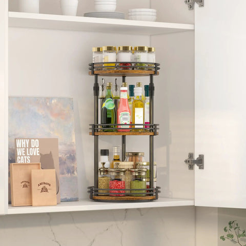 3 Tier Rotating Lazy Susan Spice Rack With Adjustable Height For Cabinet Pantry And Kitchen Counter Quick Glide Smooth Turn Heavy Duty Seasoning Holder in use inside cupboard.