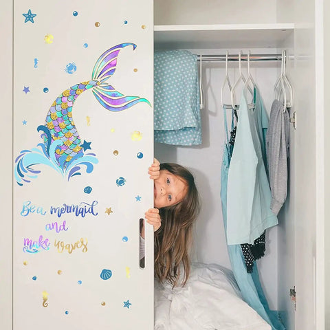 Girl peeking from closet with Homie Mermaid Wall Decals For Girls Nursery Room Decor And Kids Bedroom Decoration Tail Stickers