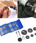 32 Piece Cutting Wheel Set With HSS Circular Saw Blades And Diamond Cutter Wheels Kit shown in use and packaged, for precision cutting on metal, wood, plastic.