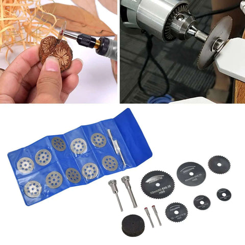32 Piece Cutting Wheel Set With HSS Circular Saw Blades And Diamond Cutter Wheels Kit shown in use and packaged, for precision cutting on metal, wood, plastic.