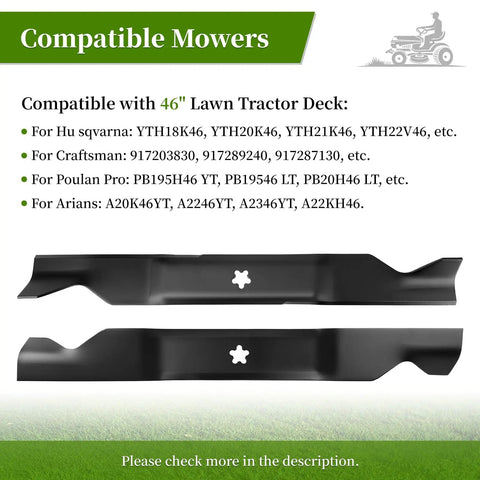 High Lift Mower Blades For 46 Inch Deck Replacement 2 Pack For Husqvarna YTH Series Craftsman And Poulan Pro, top view of blades