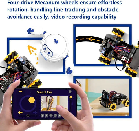 Kid Friendly 3MP Camera STEM Robot Kit With App And Remote Control For Ages 8 To 16, Arduino And Scratch Compatible, shown with Mecanum wheels and sensors