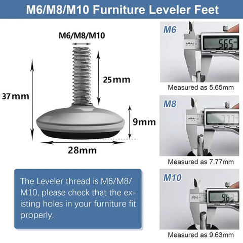 Heavy Duty Adjustable Leveling Feet Set For Furniture And Cabinets M6 M8 M10 Threaded Metal Table Leg Levelers dimensions