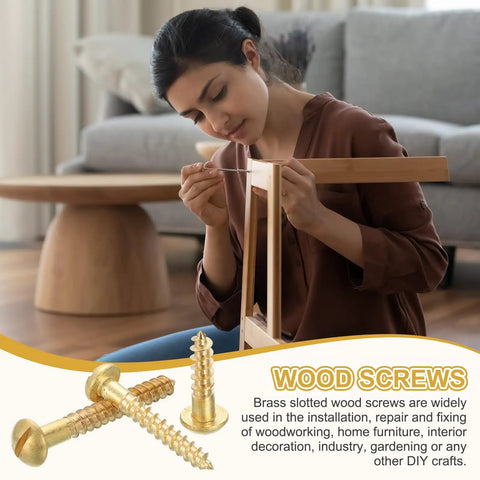 Woman using Brass Slotted Round Head Self Tapping Wood Screws M3.5 X 14mm for woodworking furniture assembly project