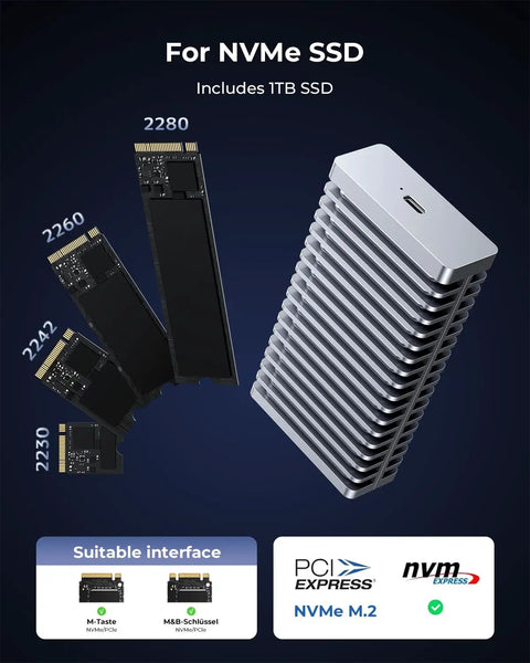 Zero Bottleneck M2 Nvme Enclosure With Slick Aluminum Double Sided Heatsink For Blazing 40Gbps Speeds Compatible With Mac Computers And Windows Featuring One Tb External Drive showing sizes and 1TB SSD.