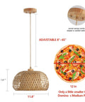 Totally Fresh Handmade Woven Bamboo Pendant Light Fixture Adjustable Boho Basket Hanging Lamp, 11.8 inches, ideal for kitchen or dining.
