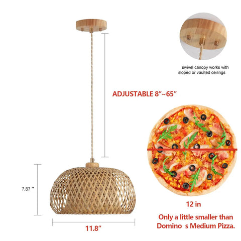 Totally Fresh Handmade Woven Bamboo Pendant Light Fixture Adjustable Boho Basket Hanging Lamp, 11.8 inches, ideal for kitchen or dining.