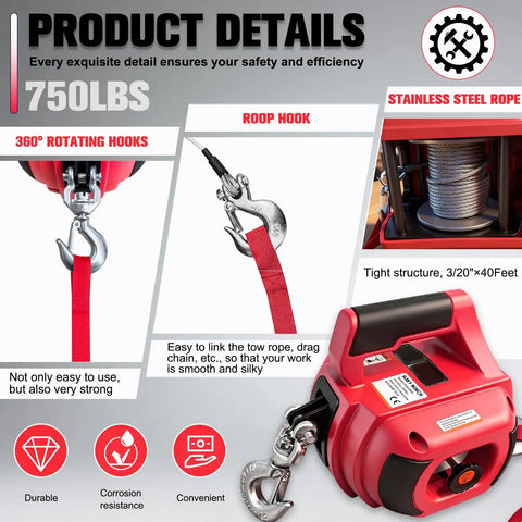 Portable Drill Winch With 750 Lb Pulling Capacity And 40 Ft Alloy Steel Wire Rope, Hand Winch For Lifting And Dragging, Lightweight One Person Setup, Heavy Duty Utility Tool For DIY Projects And Farm Or Workshop Use
