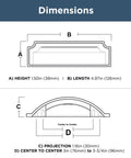 Dimensions illustration for Matte Black Cabinet Handles Set Of 10 Notched Backplate Drawer Pulls showing size and center spacing