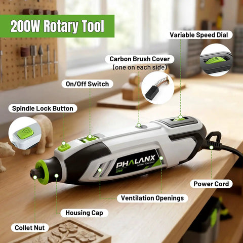 Image of Badass 200W Rotary Tool Kit Featuring Kickin Variable Speed Control and Flexible Extension Shaft showing tool features and components.