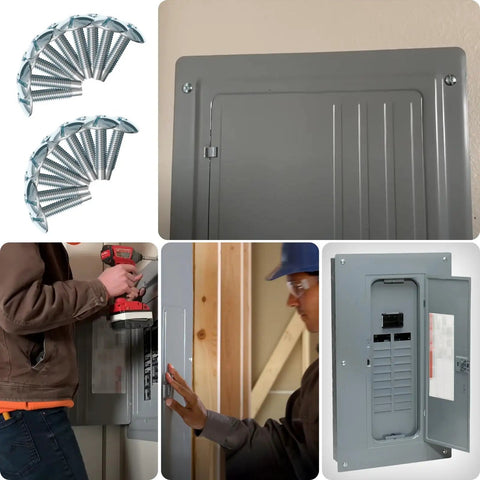 Nine Piece Heavy Duty Electrical Panel Screws For Square D Load Center And Schneider Qo Homeline Cover Mounting Hardware Quick Swap Replacement Bolts displayed with gray breaker box and installation.
