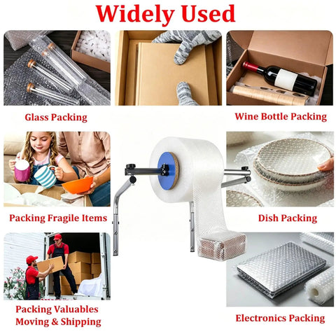 Wall Mounted Bubble Wrap Dispenser with foam cushioning roll for packing glass, wine bottles, dishes, and electronics.