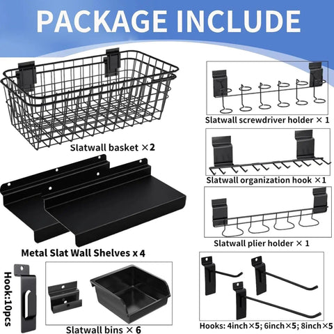 Slatwall Organizer Kit With Hooks Shelves Bins And Baskets Plus Screwdriver Holder For Garage And Room Storage 40 Piece Wall Mounted Setup For Easy Flexible Organization