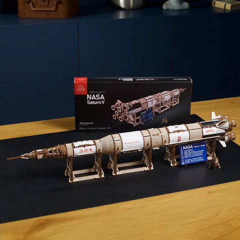 Saturn V 3D Puzzle Kit for Adults Wooden Model Rocket Set Space Shuttle Model Aerospace Engineering Gift Epic Nerdy Brain Teaser Hobby Craft Full DIY Kit for Collectors and Builders, NASA Saturn V wooden model on stand
