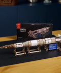 NASA Saturn V 3D Wooden Puzzle Kit For Adults 26-inch wooden rocket model on display with box and stand