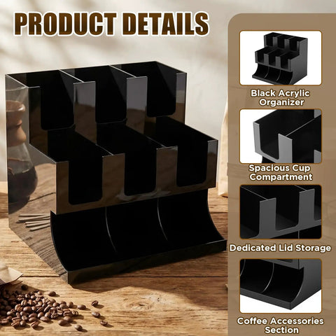 Cup And Condiment Station Organizer For Coffee Bar, Acrylic Dispenser With Nine Compartments For Cups Lids Pods Sugar