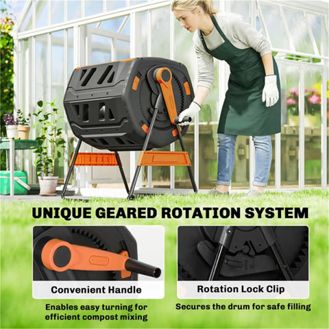 53 Gallon Dual Chamber Compost Tumbler With Geared Rotation Adjustable Vents Elevated Base And Lockable Handle for gardens