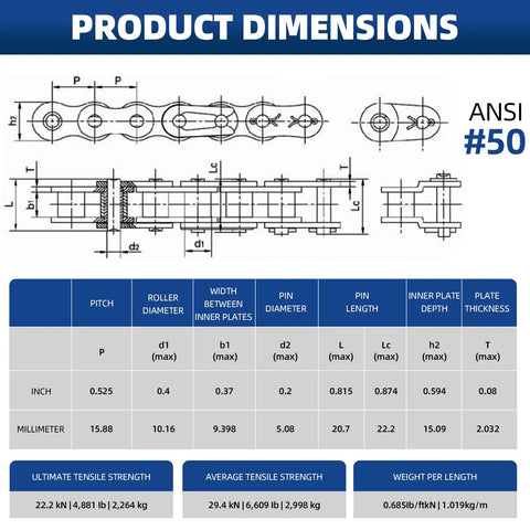 Product dimensions for Beefed-Up Size 50 Roller Chain For Heavy Duty Machinery with specs and technical drawings with tensile strengths