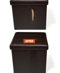 Before and after leather repair on ottoman with Leather Repair Tape Black 3x72 Inch Realistic Faux Leather Patches