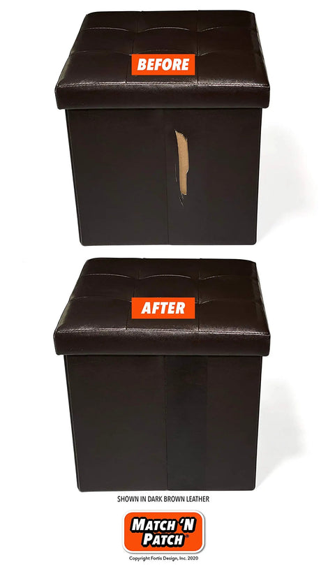 Before and after leather repair on ottoman with Leather Repair Tape Black 3x72 Inch Realistic Faux Leather Patches