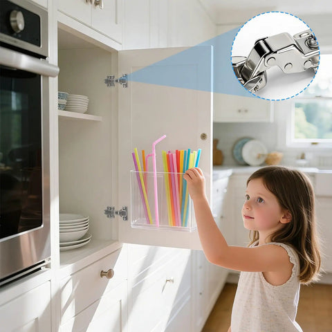 4 Pack Half Overlay Frameless Soft Close Cabinet Hinges in kitchen cabinet with steel concealed hinges visible