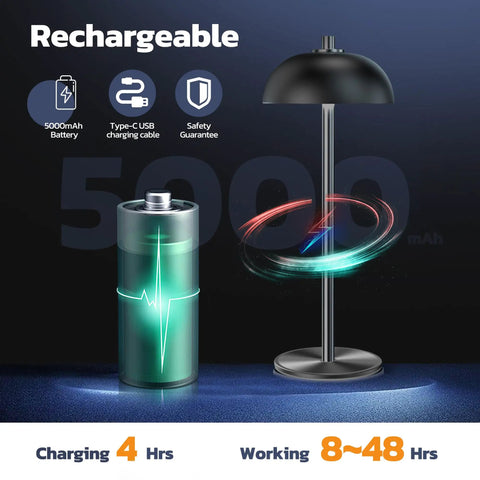 Cordless Table Lamp With 5200mAh Battery, LED Portable Touch Desk Light, black lamp with charging icons and battery illustration