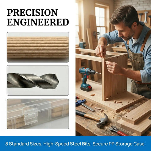 All-In-One 284 Piece Wood Dowel Kit With Eight Sizes And Drill Bits for woodworking and crafting shown in use on wooden project.