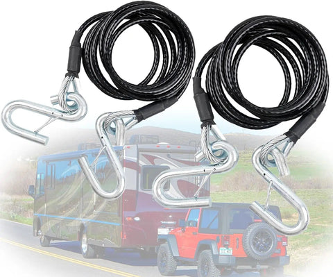 Coiled Trailer Safety Cable Kit With S Hooks, 7500 Lb Capacity, 7 Feet Long, Black Heavy Duty Towing Cables set of 2 shown with RV.