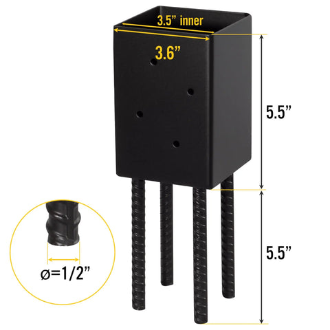 4x4 Post Anchor Ground Spike Kit For Concrete Decks, Beefed-Up Steel With Black Powder Coat, Fits 3.5x3.5 Inch Wood Posts
