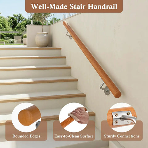 Heavy Duty Beech Wood Stair Handrail 100 Cm Super Grippy Round Safety Grab Bar on indoor steps with easy-to-clean surface.