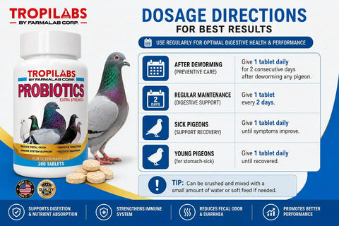 Probiotics Extra Strength For Pigeons With Immune Support And Digestive Health 100 Tablets dosage directions and packaging.