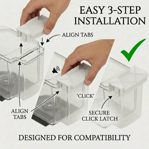 Dead Nuts Secure Dust Bin Clip For Robot Vacuum Replacement Latch installation guide showing alignment and click features for easy setup.