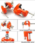Beefy Heavy Duty Clamp Bench Vise With Swivel Base And Post Universal 360 Degree Woodworking Vise for workbench projects in orange.