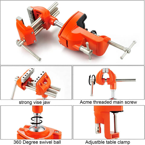 Beefy Heavy Duty Clamp Bench Vise With Swivel Base And Post Universal 360 Degree Woodworking Vise for workbench projects in orange.