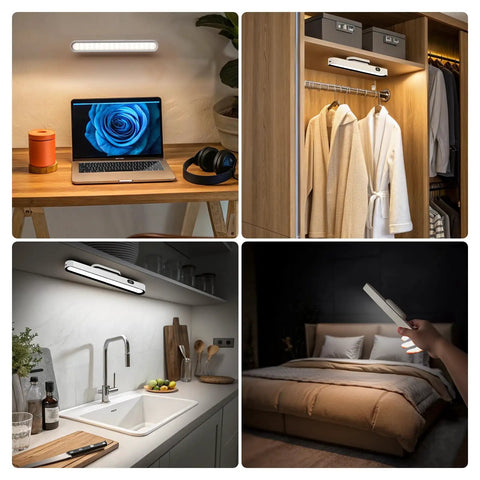 Dope Wireless LED Under Cabinet Light Bar With Magnetic Mount Dimmable 350LM 20 LEDs in various room settings, installed in kitchen, bedroom, and closet