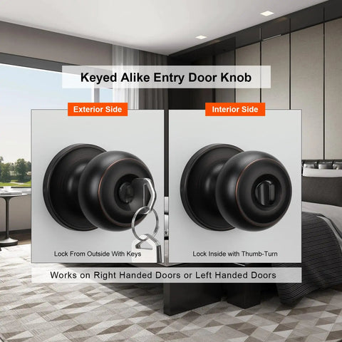 Oil Rubbed Bronze Exterior Door Knob With Lock And Key, Keyed Entry, One Pack With Keyed Alike, shown with key and thumb-turn