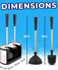 Toilet Brush And Plunger Set 18 Inch No Rust Stainless Steel Design with Long Handles and Canister, dimensions shown.